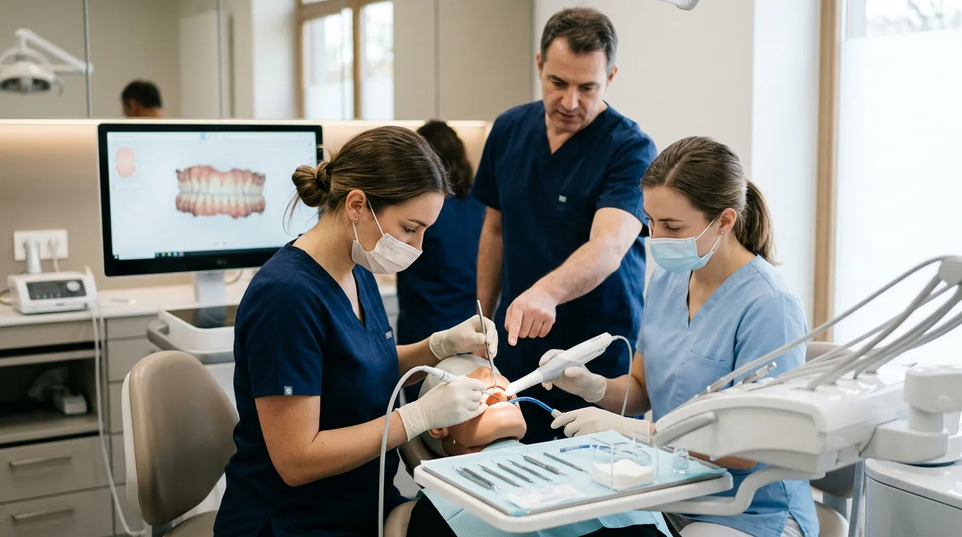 Higienistas dentales practicando periodoncia y escaneado digital bajo la supervisión de un formador clínico