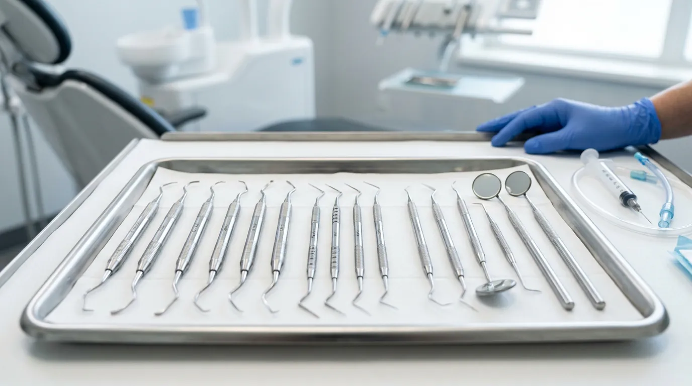 Instrumental periodontal organizado en bandeja estéril en un gabinete dental