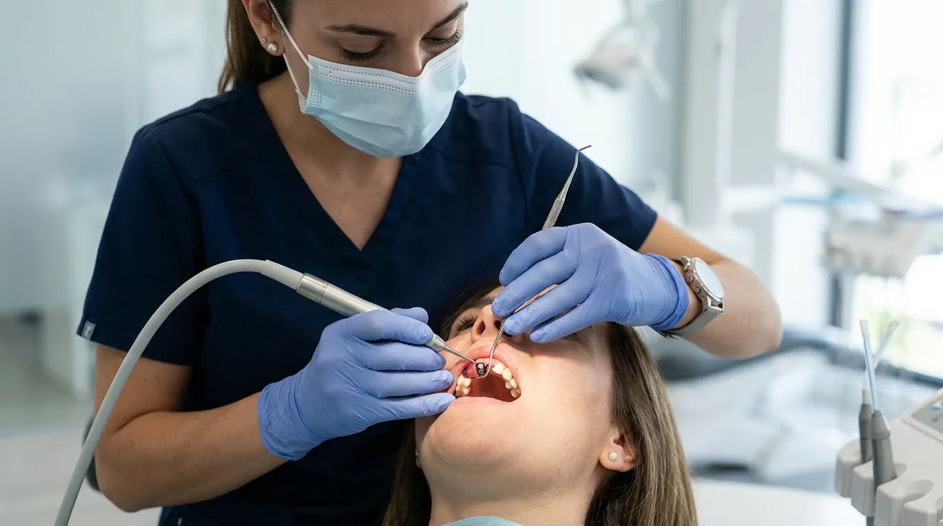 Higienista dental realizando mantenimiento profesional de un implante con instrumental específico